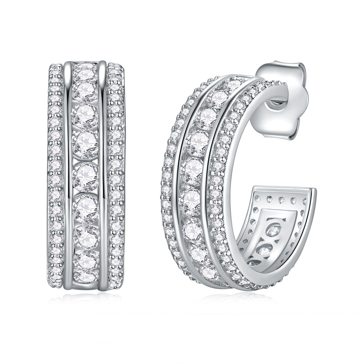 Silver three channel hoop earrings with clear moissanite stones on a white background
