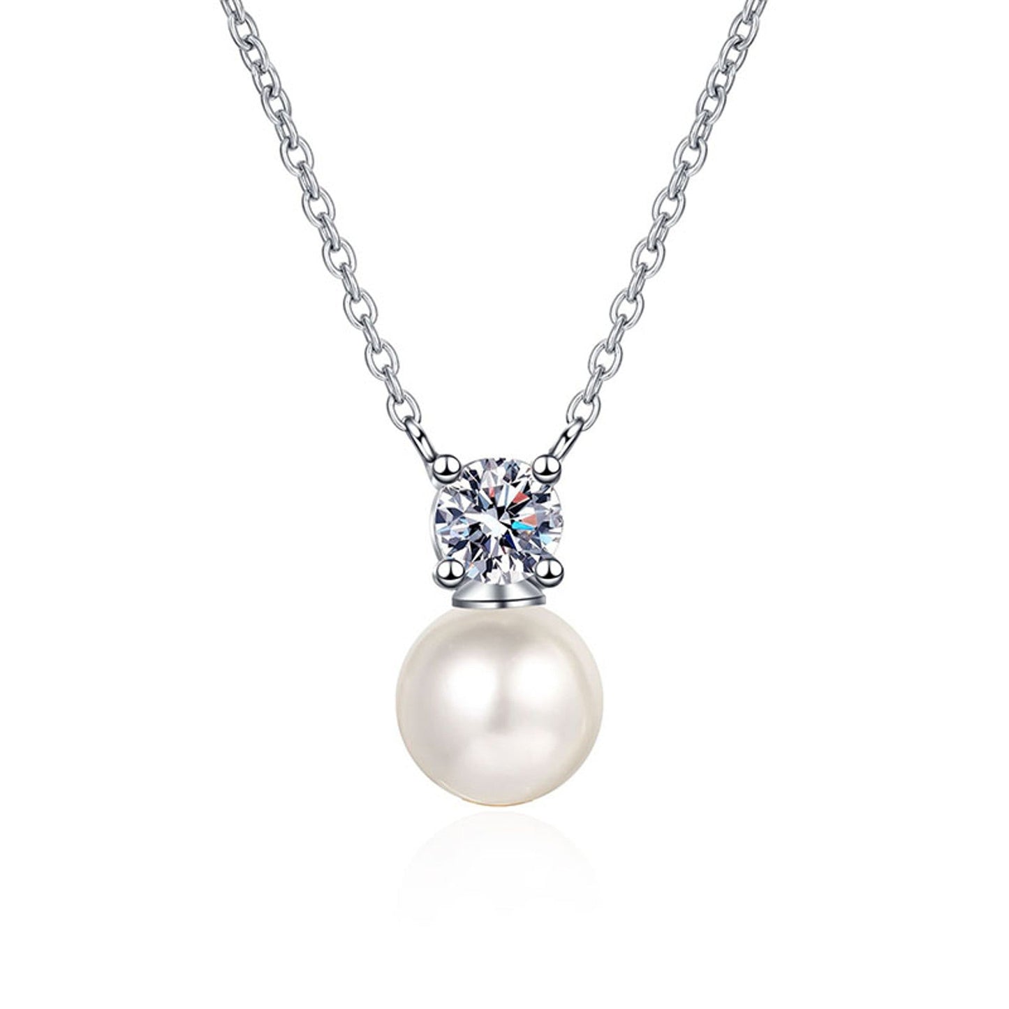 Round moissanite with luminous pearl drop pendant in sterling silver