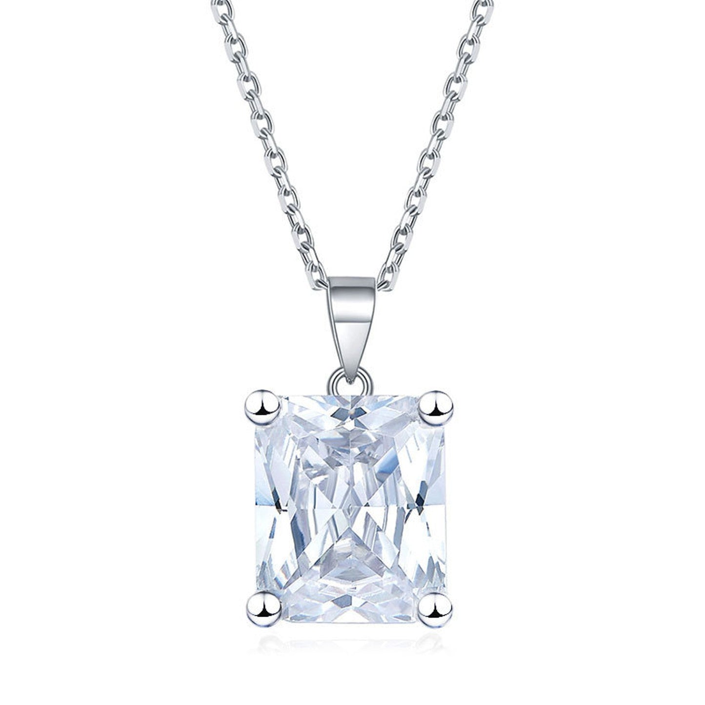 Radiant Solitaire Pendant 2 CT in platinum-finish sterling silver with moissanite