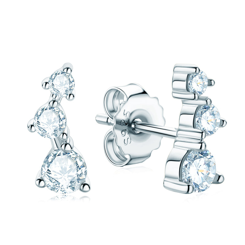 Oriane three stone moissanite climber studs in sterling silver