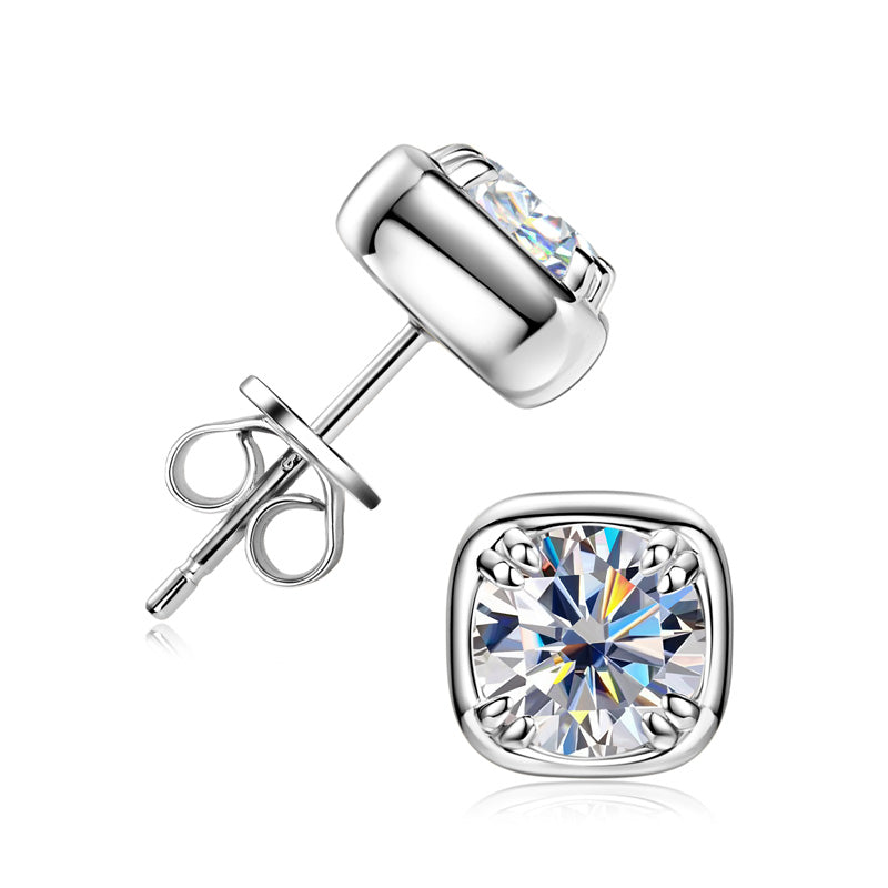 Maelle cushion bezel moissanite studs in sterling silver