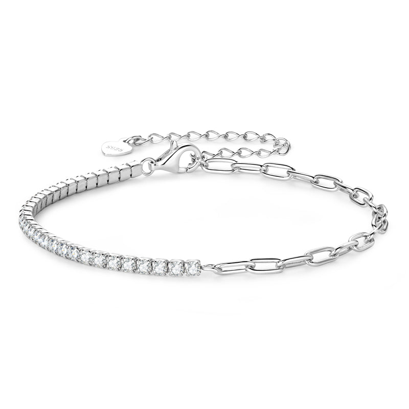 Lucille half tennis half paperclip moissanite bracelet in sterling silver