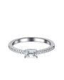 Front view of emerald cut moissanite ring with slim pavé band on a clean white background.