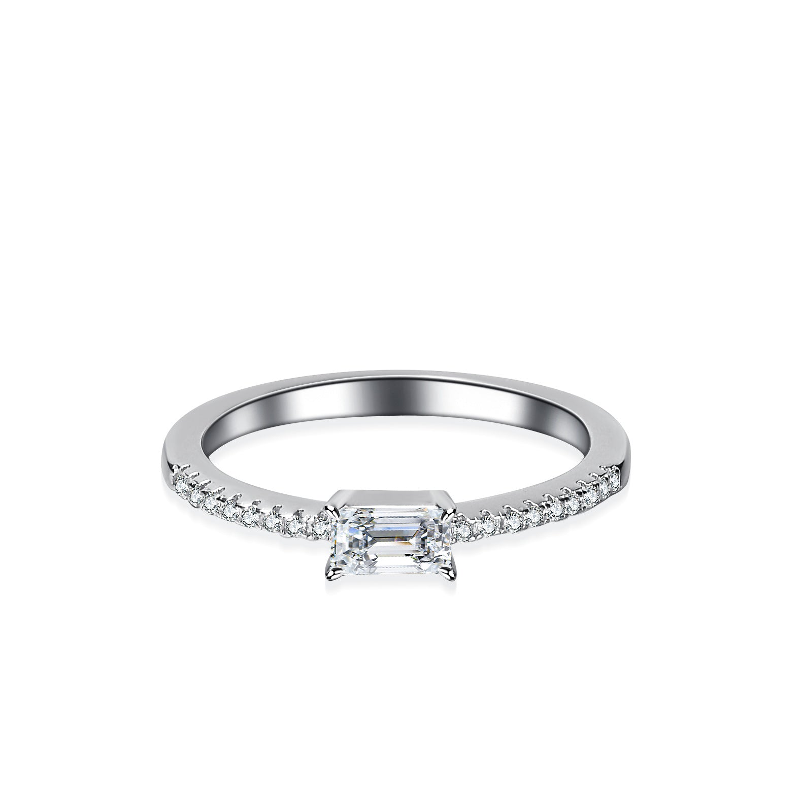 Front view of emerald cut moissanite ring with slim pavé band on a clean white background.