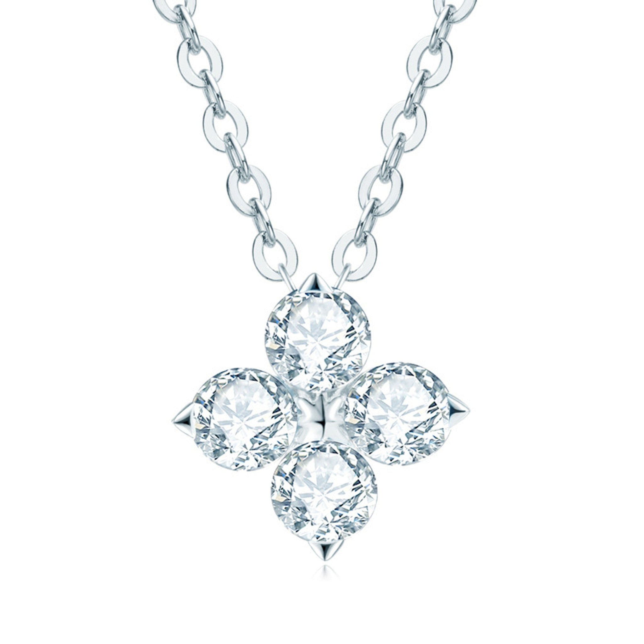 Silver necklace with a four- moissanite pendant on a white background