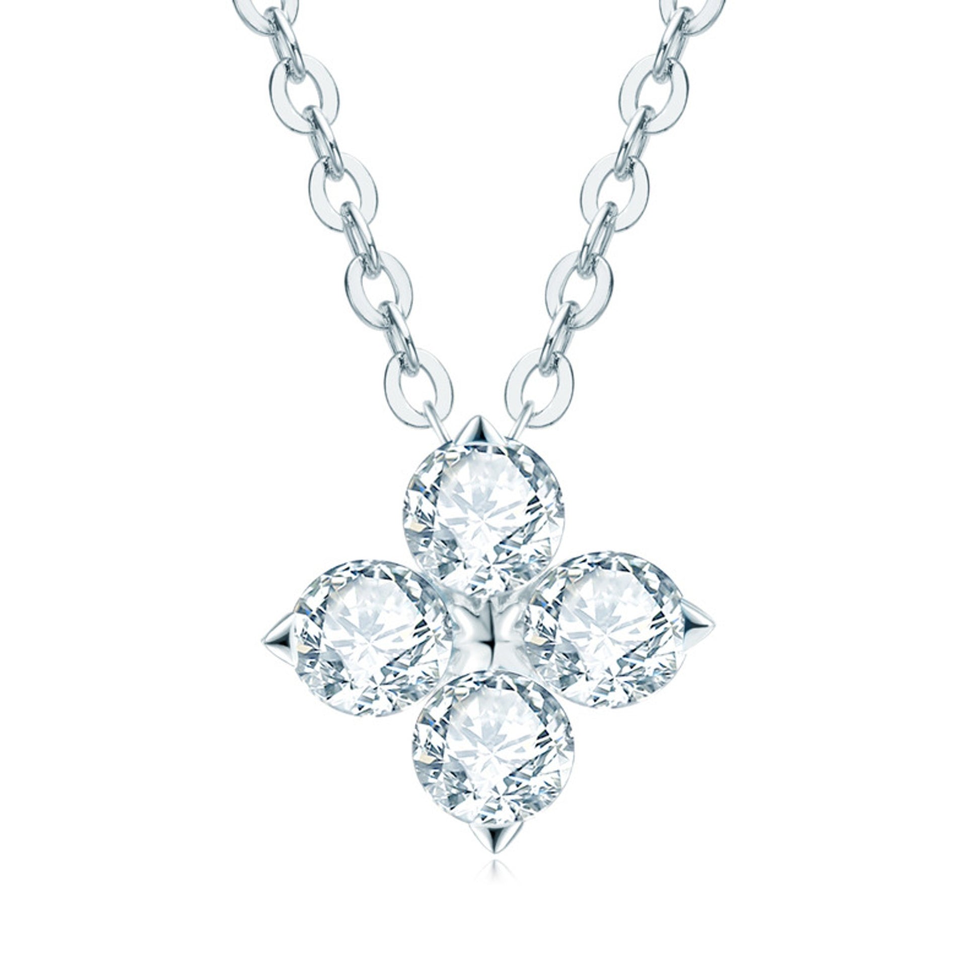 Silver necklace with a four- moissanite pendant on a white background