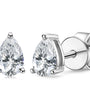 Pair of pear-shaped moissanite stud earrings on a white background