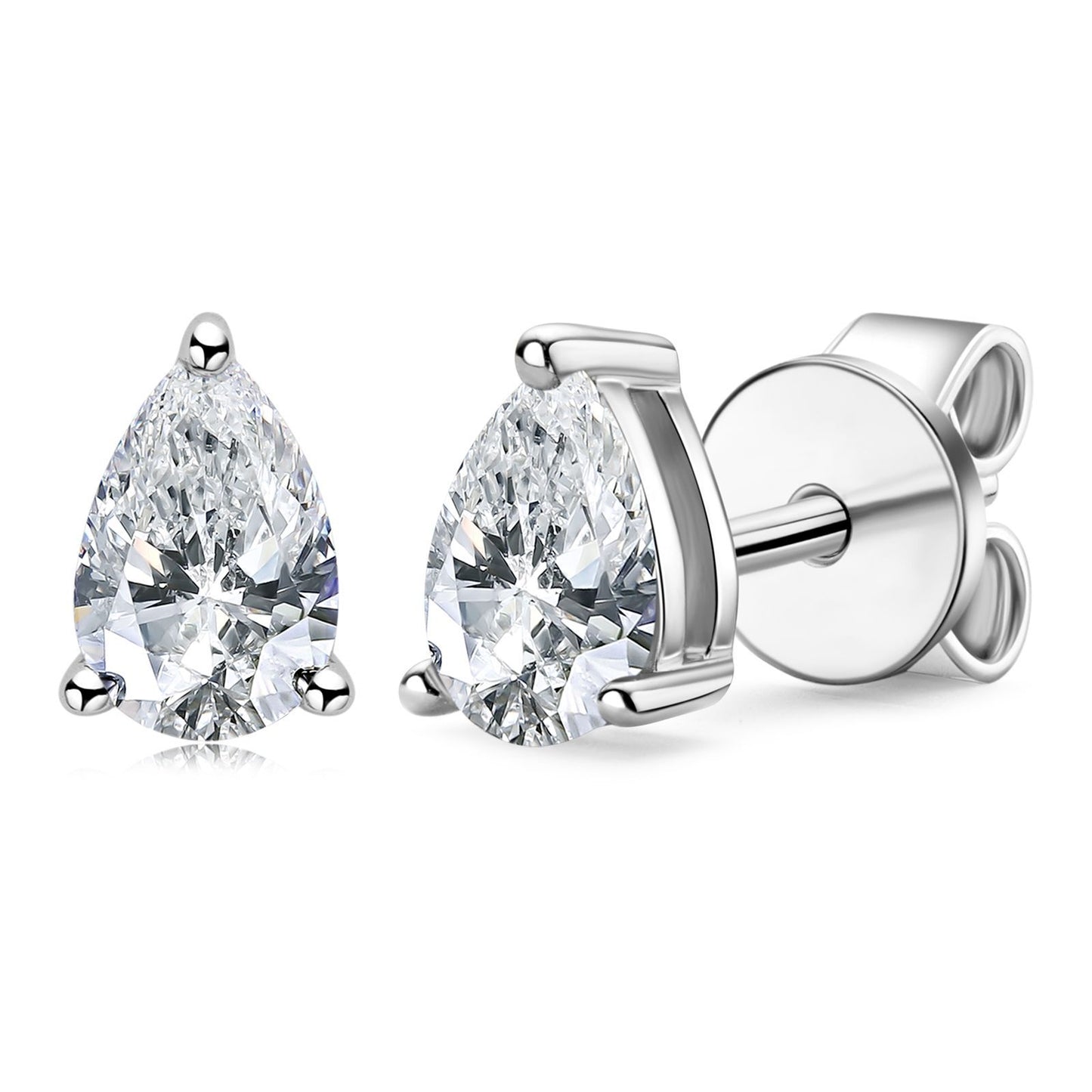 Pair of pear-shaped moissanite stud earrings on a white background