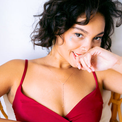 Arabella Y Shapted Moissanite Bezel Two Stone Necklace Prism and Pearl on Model