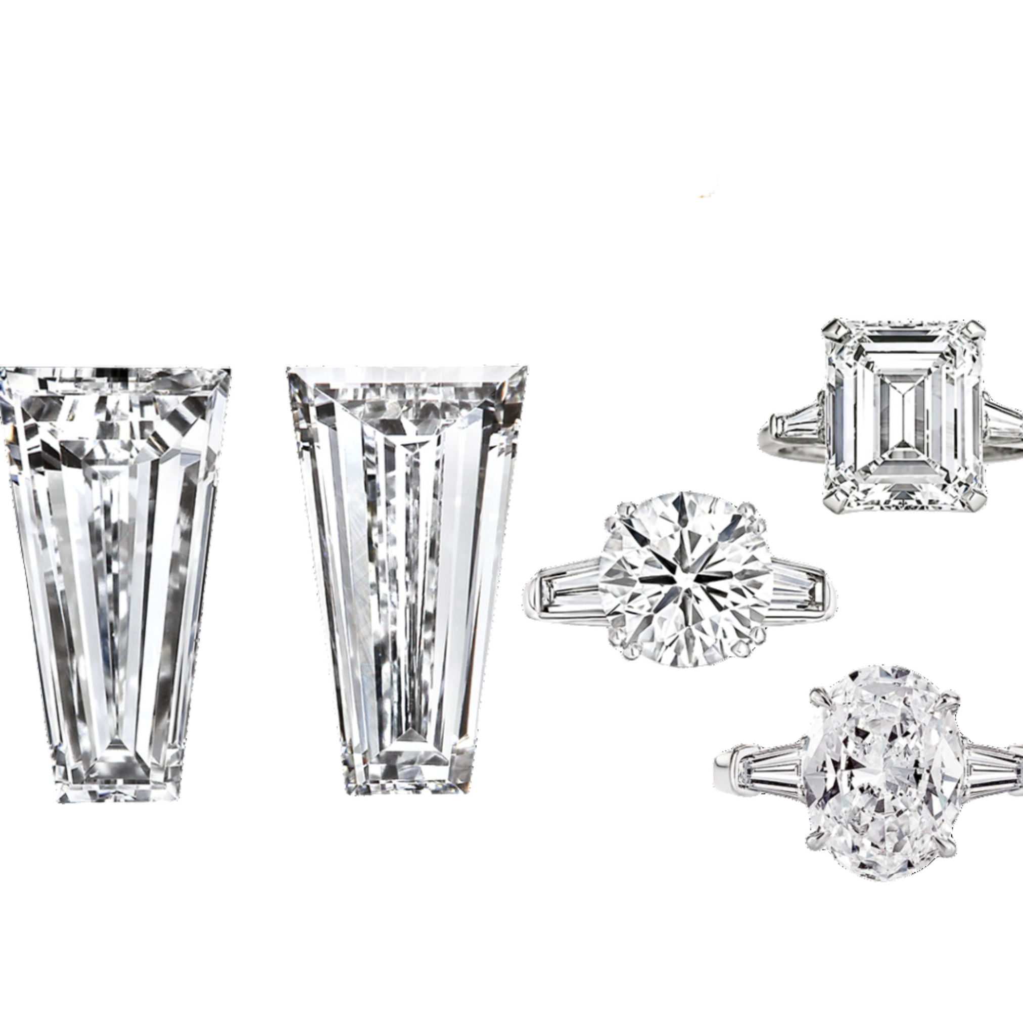 Collection of diamond baguette shaped stones and rings with 'Baguettes' label on a white background
