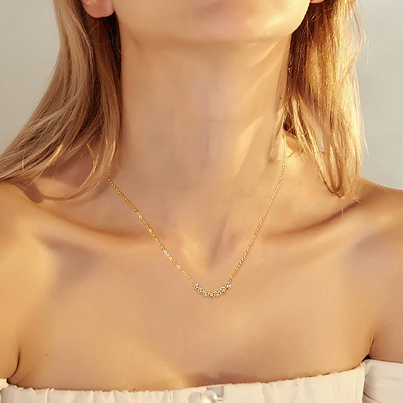 Briélle Bezel Station Bar Necklace 6 stone bezel Moissanite Prism and Pearl on Model