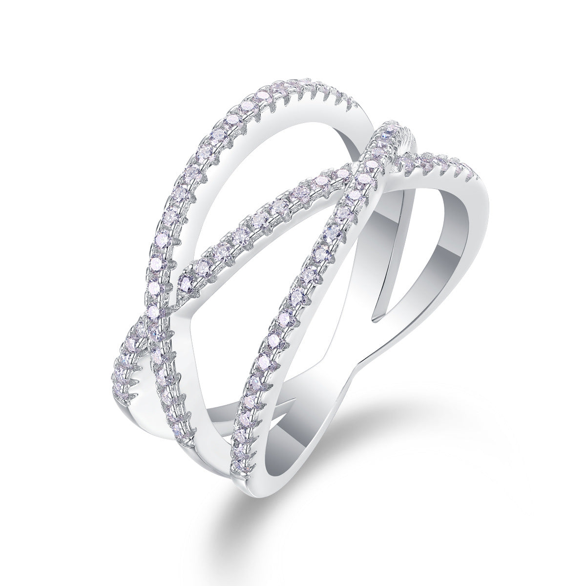 Three band twist ring with pavé moissanite set in sterling silver.