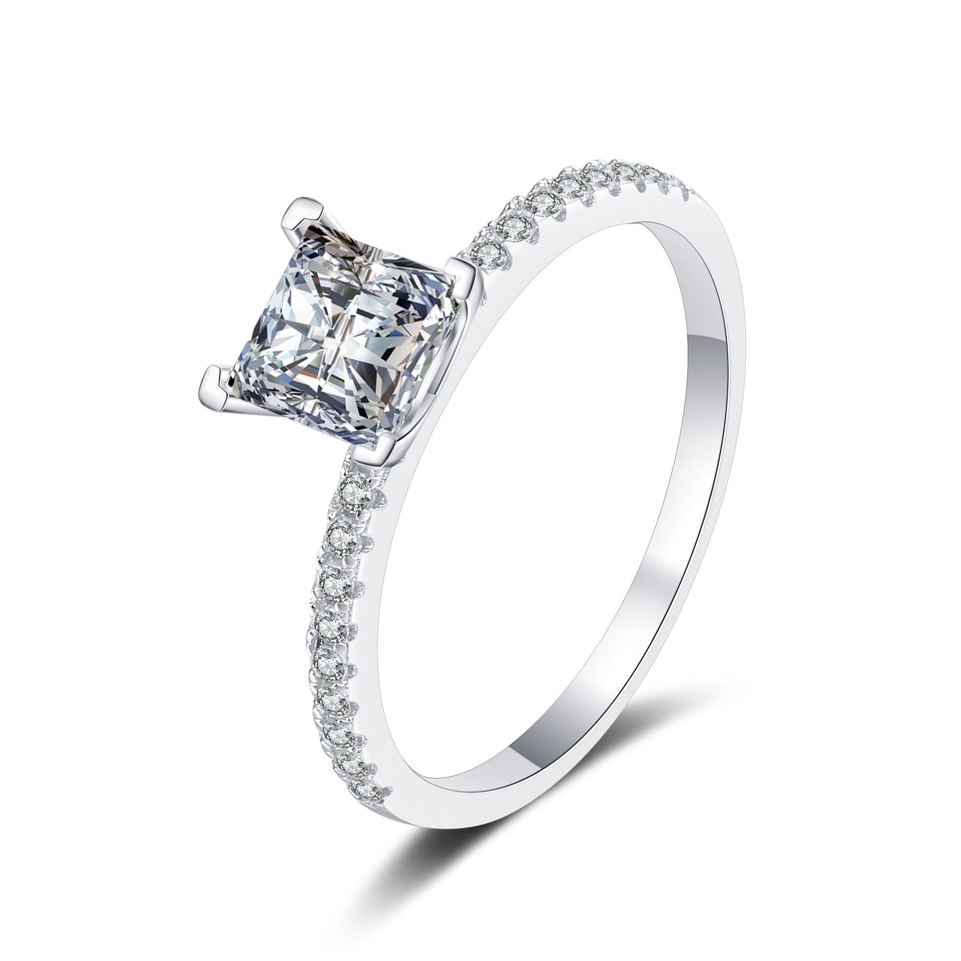One carat princess cut moissanite ring with pave band in sterling silver.
