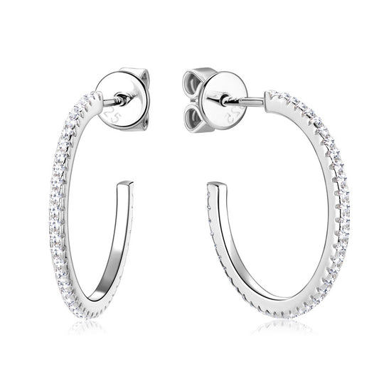Silver hoop earrings with clear moissanite gemstones 0.2ct*2pcs on a white background