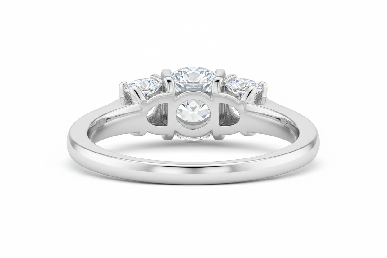 Three stone Trilogy ring in platinum viewed from the side