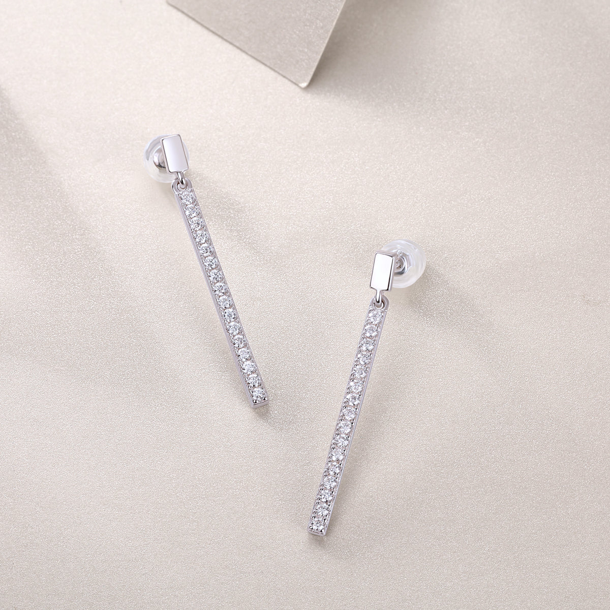 Clementine Pave Bar Earrings, pavé moissanite bar drop earrings by Prism & Pearl, view 1