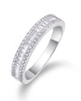 Double stack ring with baguette and pavé moissanite in sterling silver.