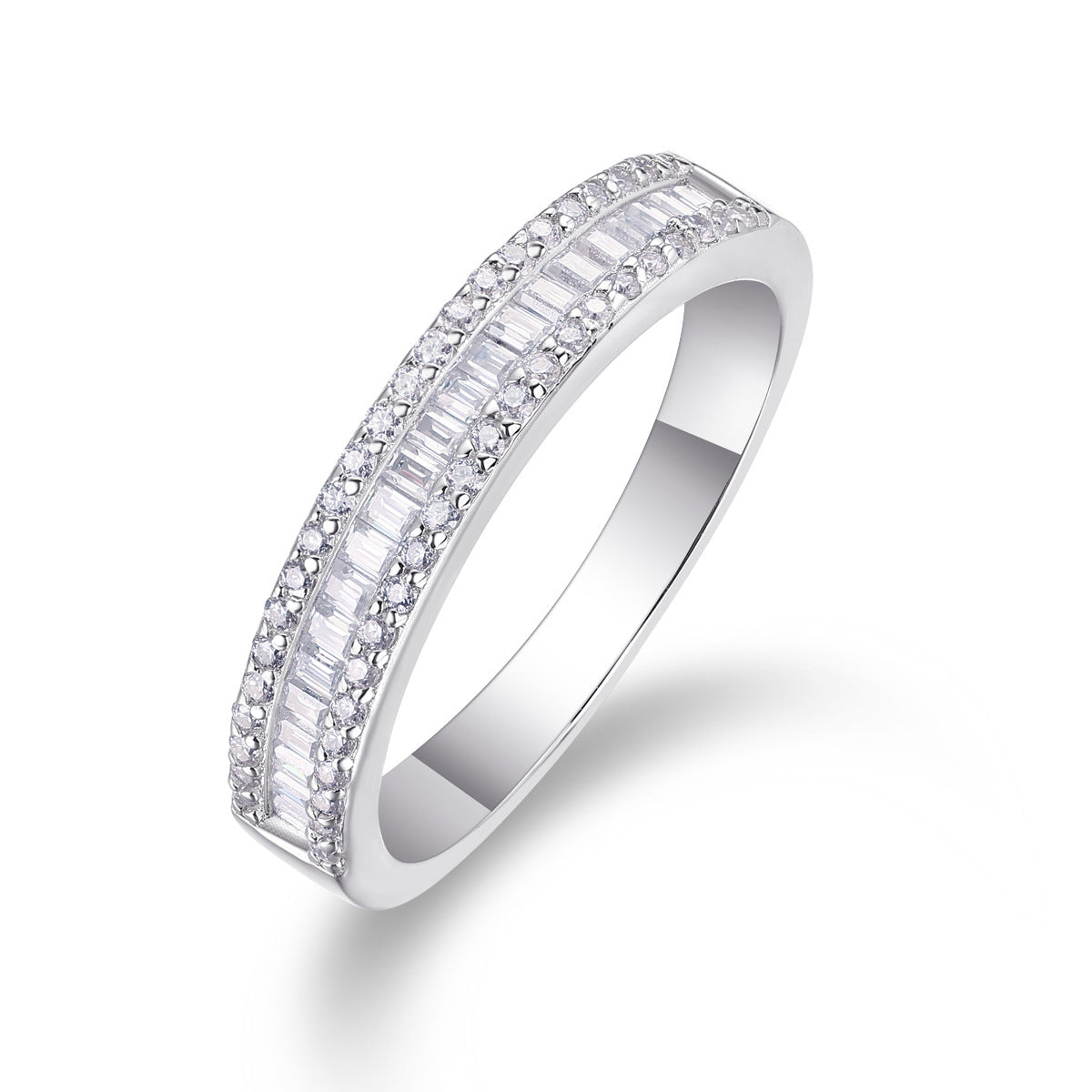 Double stack ring with baguette and pavé moissanite in sterling silver.