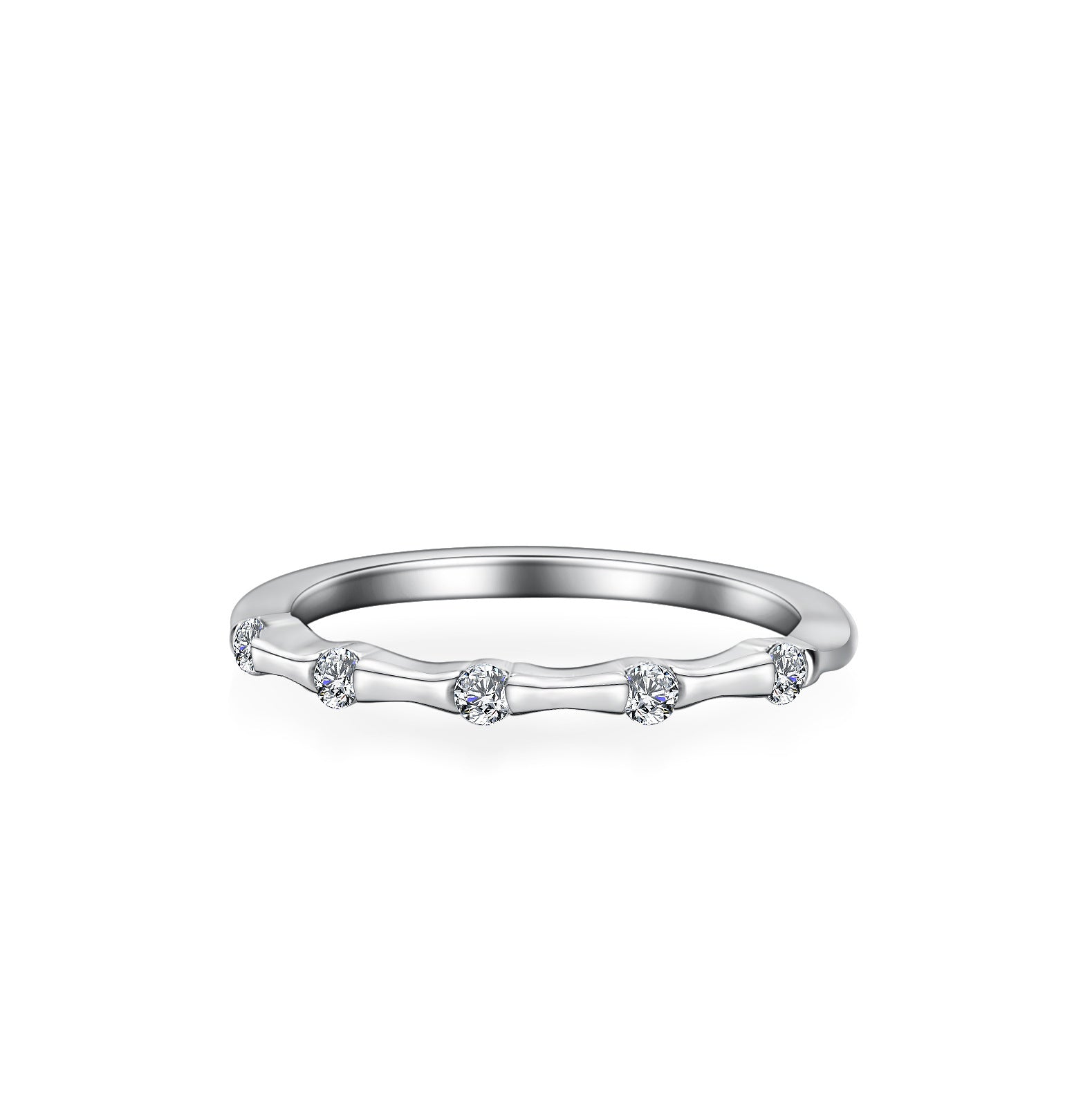 Silver ring bamboo shaped with small moissanites on a white background