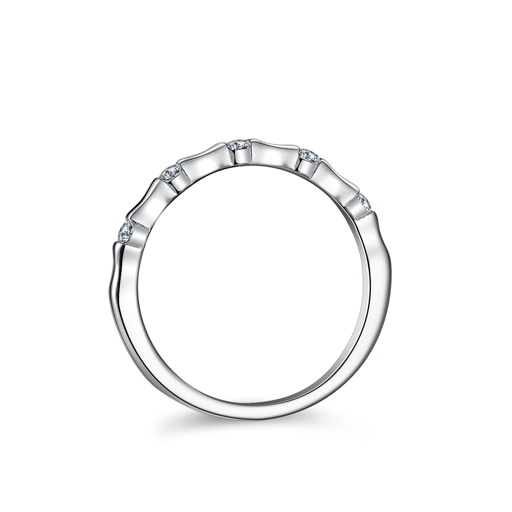 Silver ring with 5 moissanites in a bamboo style front on to the camera on a white background