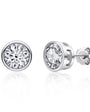 Pair of silver stud earrings with moissanite bezel set gemstones on a white background