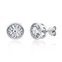 Pair of silver stud earrings with moissanite bezel set gemstones on a white background