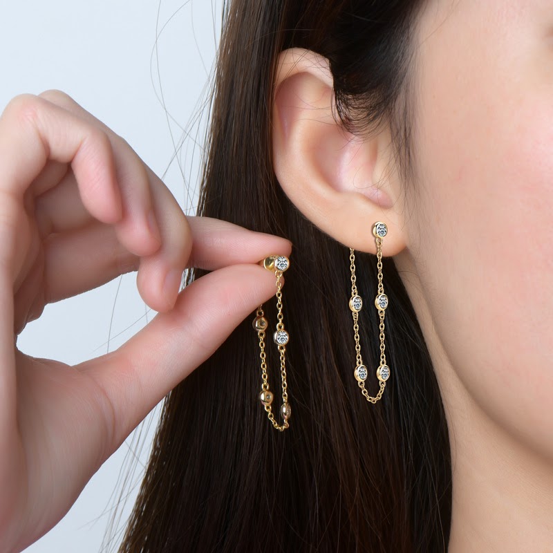 Eleanor Bezel Drop Earrings in yellow gold over sterling silver by Prism & Pearl, view 2