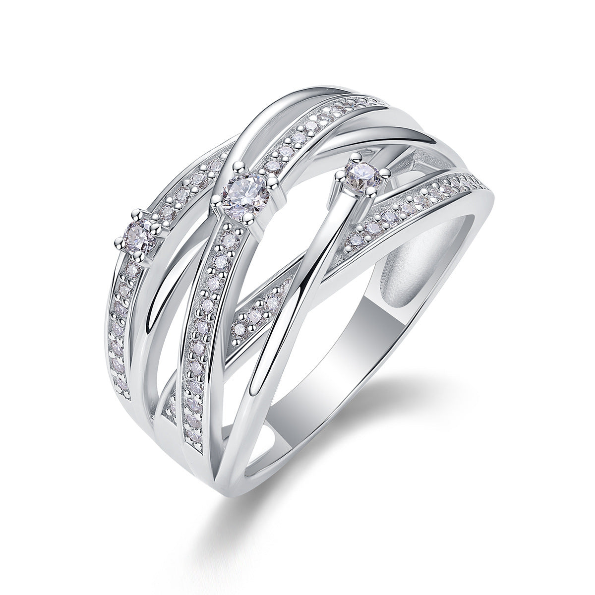 Multi twist band ring with pavé moissanite and solitaires in sterling silver.