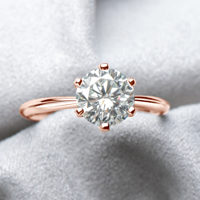 Rose gold ring with a diamond on a soft gray background francoise brilliant round solitaire prism and pearl
