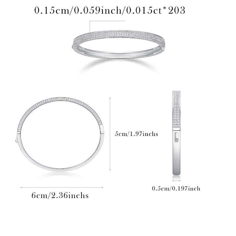 Silver Double pavé moissanite bangle with measurements on a white background