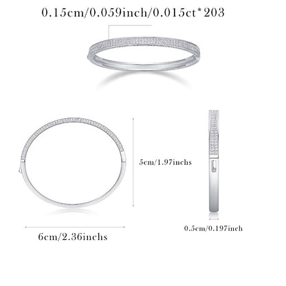 Silver Double pavé moissanite bangle with measurements on a white background