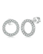 Pair of silver stud earrings in a circle of pavé moissanites on a white background