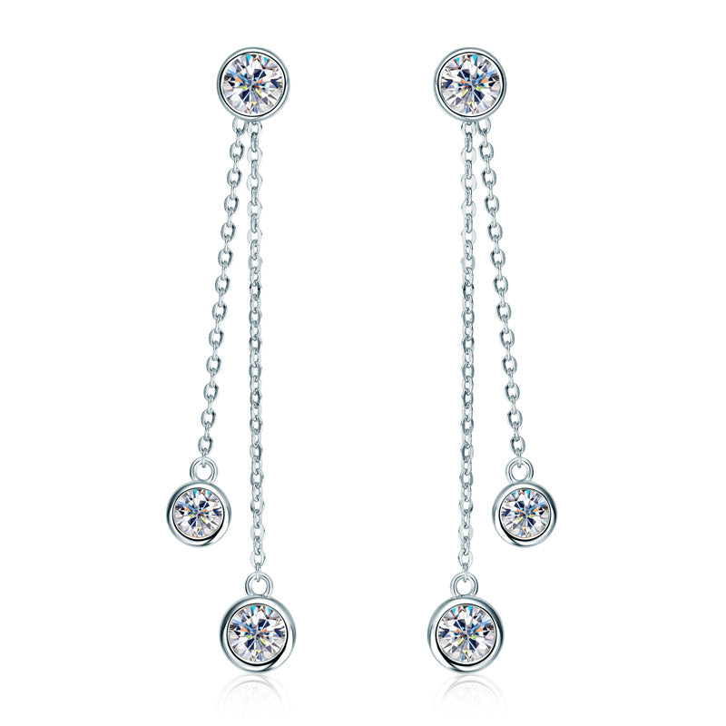 Jade Three Stone Drop Earrings, three stone moissanite drop earrings by Prism & Pearl, view 1