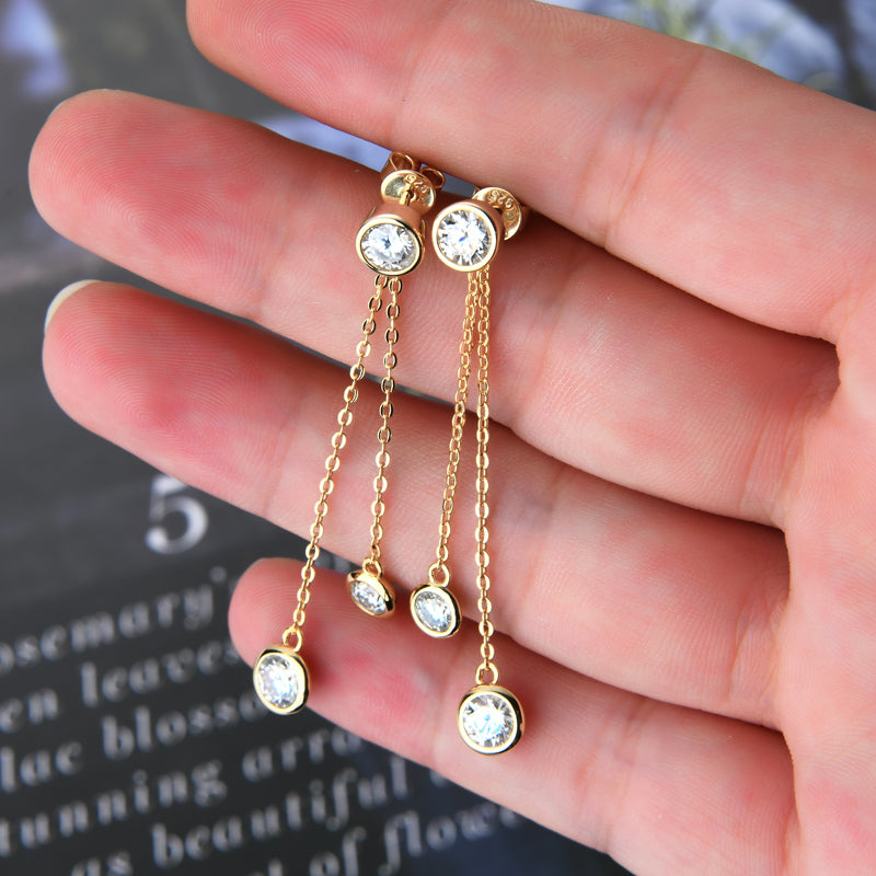 Jade Three Stone Drop Earrings, three stone moissanite drop earrings by Prism & Pearl, view 2