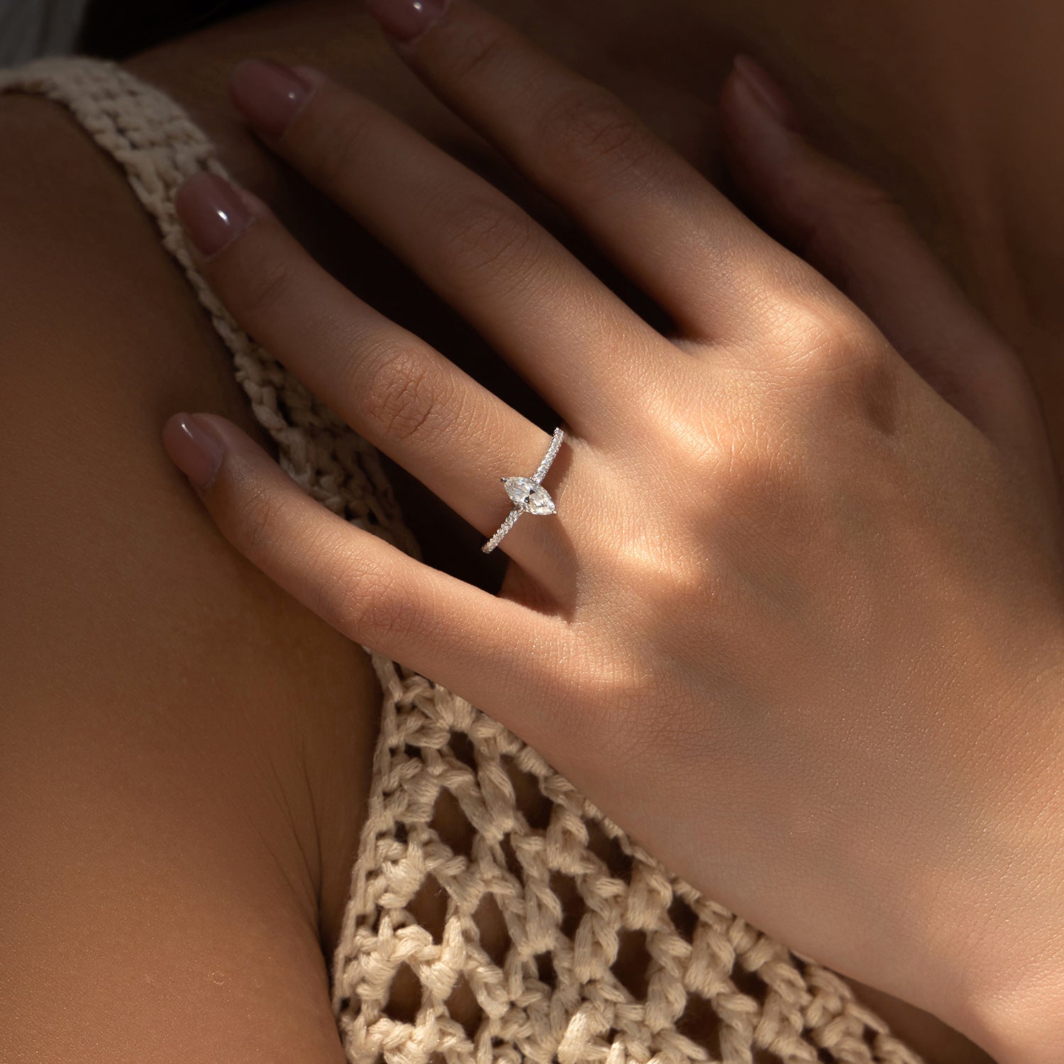 Leila Marquise Pave Band Solitaire Prism and Pearl on Women with hand across chest