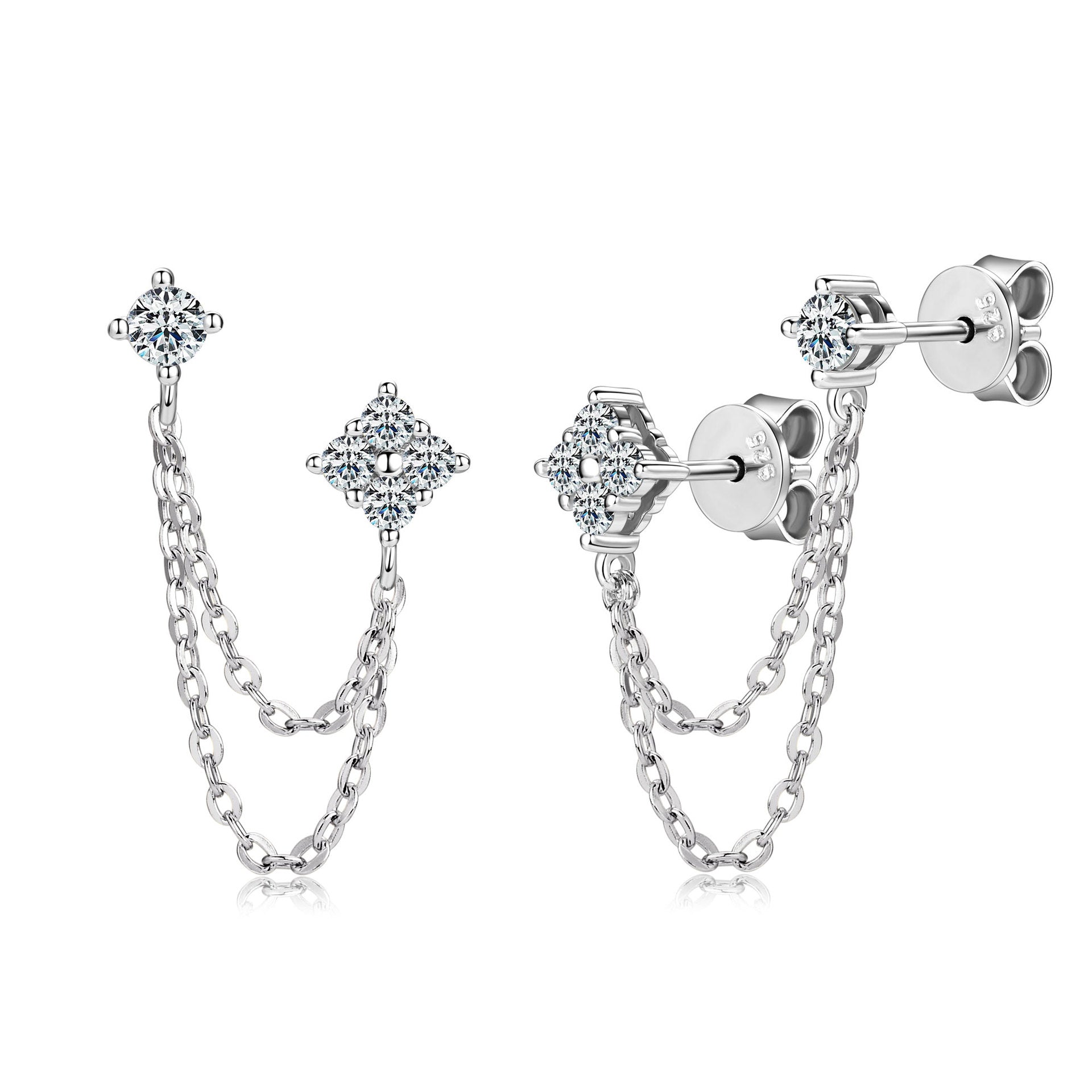 Silver earrings with petite moissanites with chain details on a white background