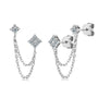Silver earrings with petite moissanites with chain details on a white background