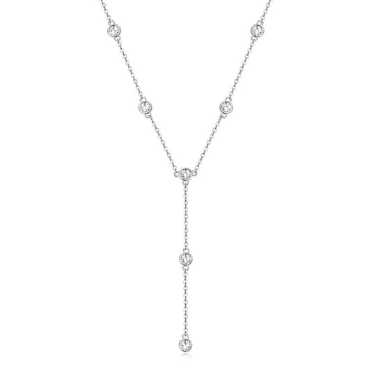 Lumière Bezel Y-Drop Necklace in platinum-finish sterling silver with moissanite
