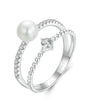 Double band pearl and moissanite pavé ring in sterling silver.