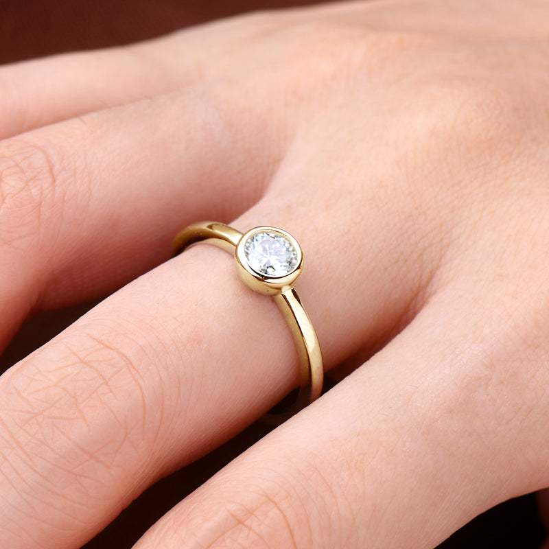 The Maxine Solitaire Bezel Ring on finger prism and pearl