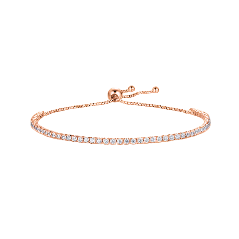 Rose gold bracelet with small moissanites on a white background