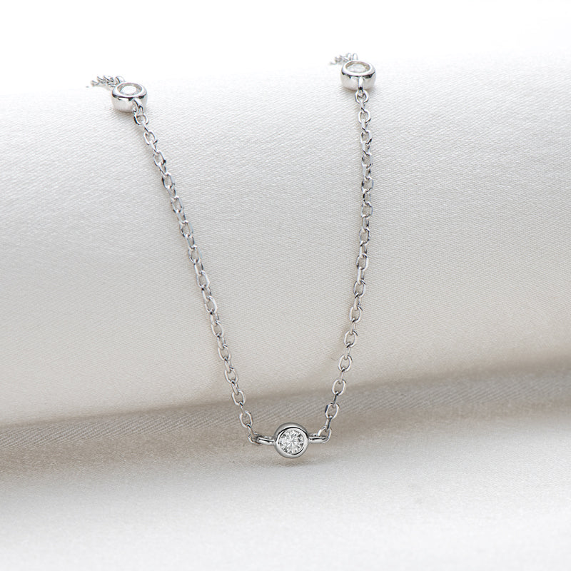 Angelina Five Stone Bezel Necklace, five stone bezel set moissanite necklace by Prism & Pearl, view 2