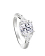 Princess cut moissanite ring with marquise side stones in sterling silver.