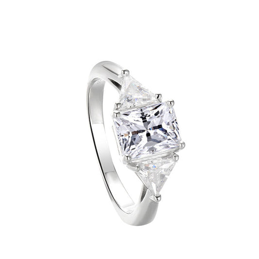 Princess cut moissanite ring with marquise side stones in sterling silver.