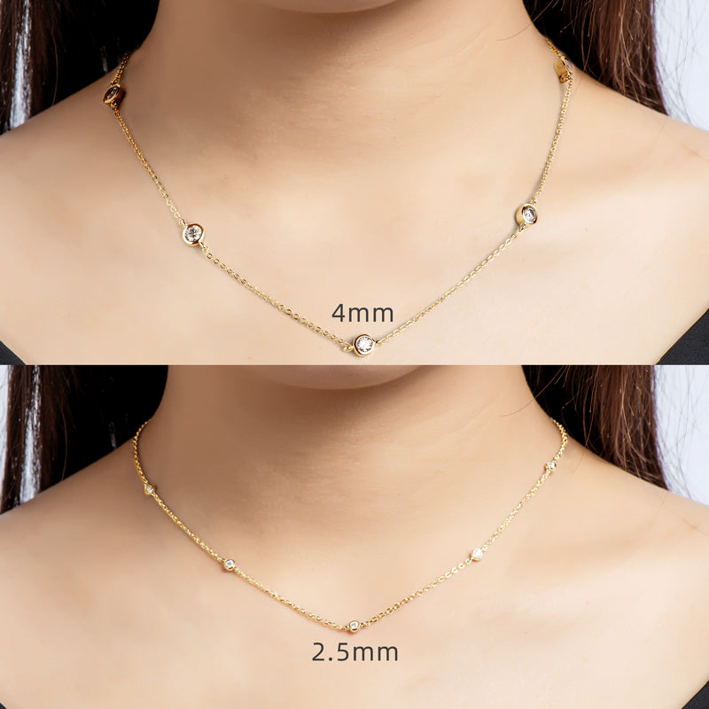Penelope Five Stone Bezel Necklace, five stone bezel set moissanite necklace by Prism & Pearl, view 2