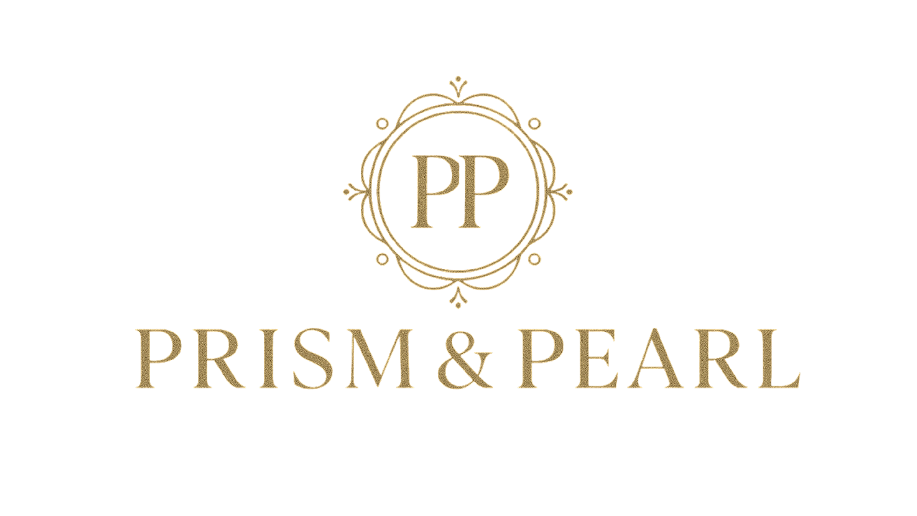 Logo of Prism & Pearl with gold lettering on a white background