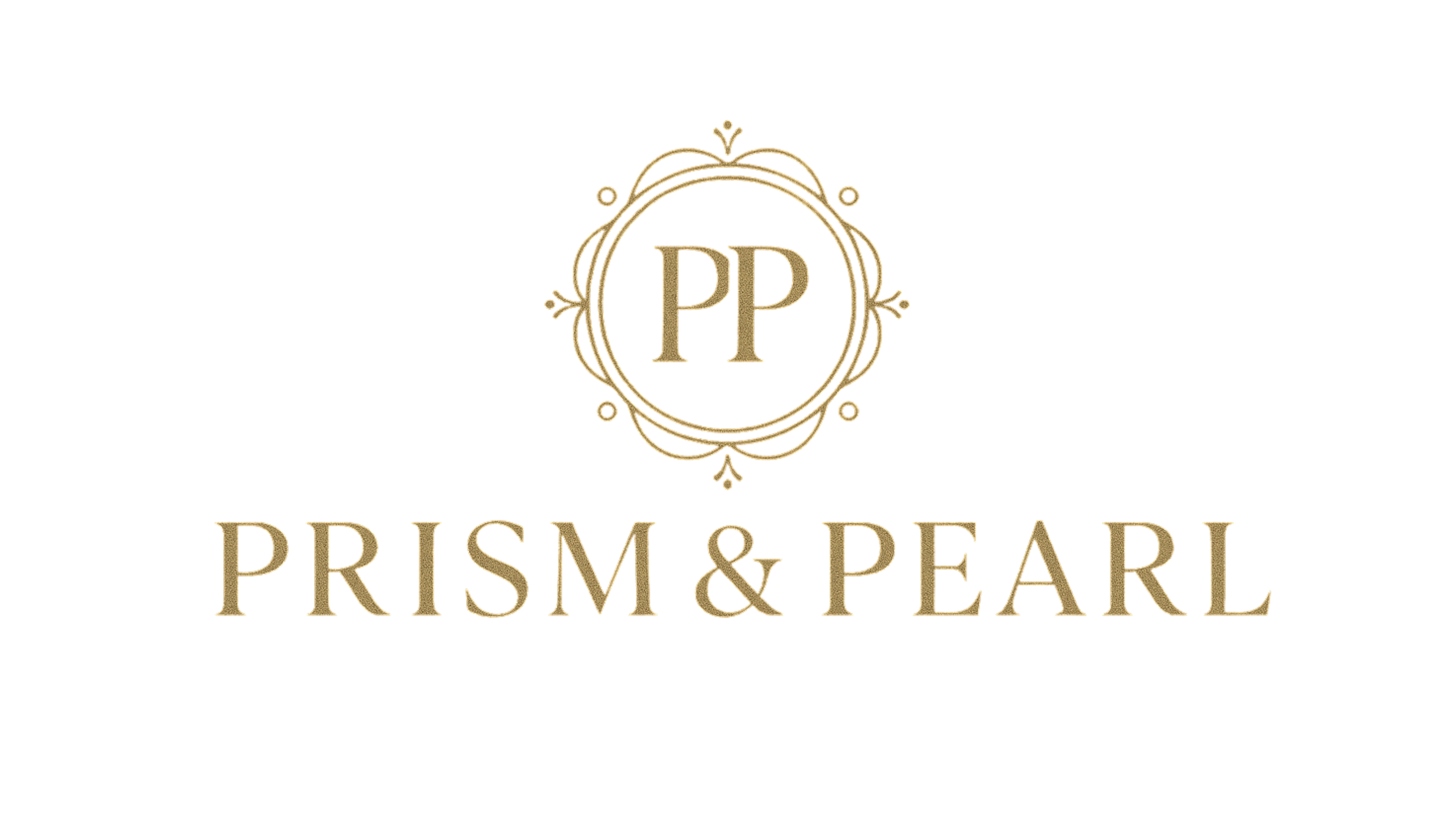 Logo of Prism & Pearl with gold lettering on a white background