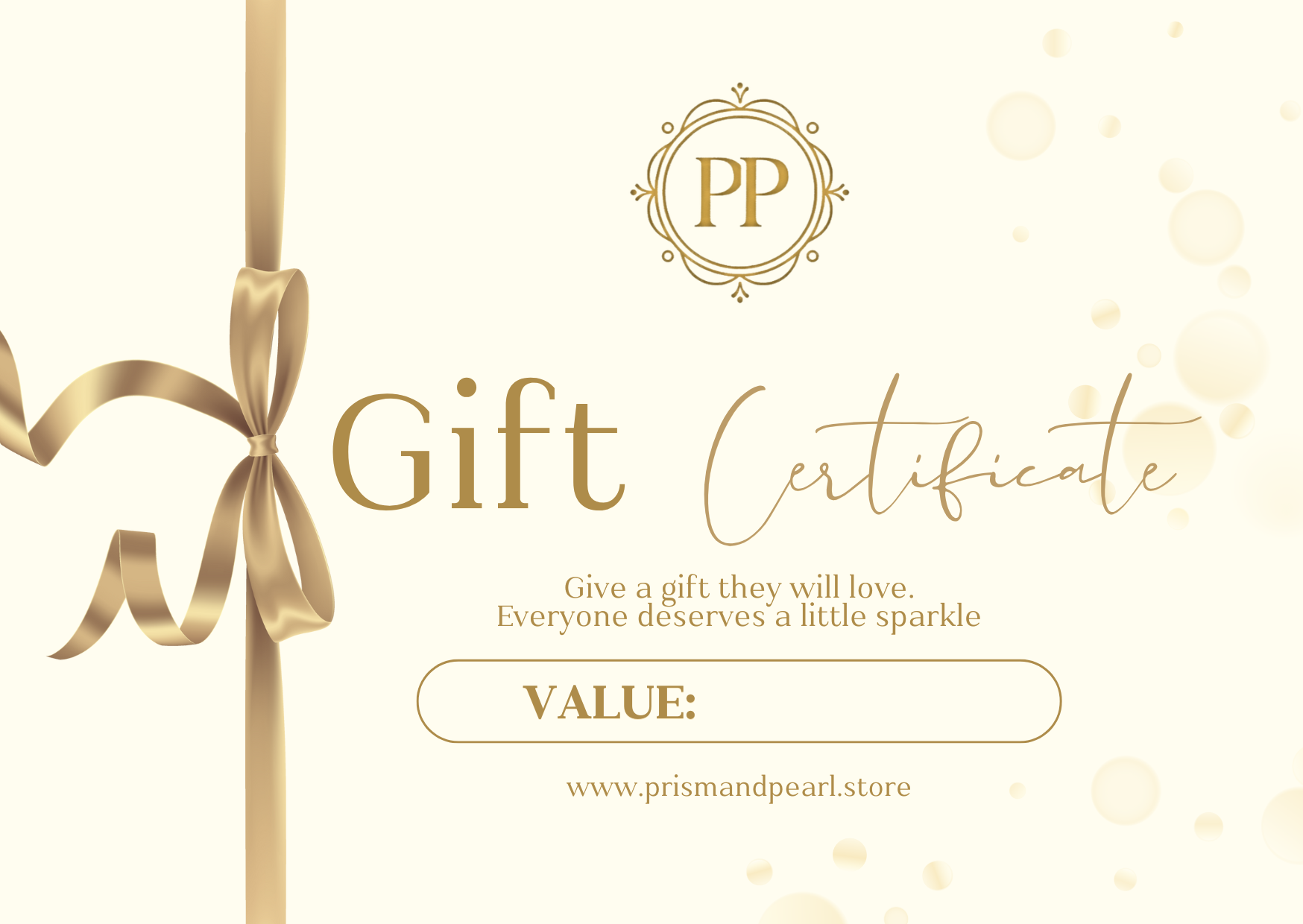 Gift certificate with gold ribbon and 'PP' logo on a white background and the Prism & Pearl website on the bottom