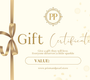 Gift certificate with gold ribbon and 'PP' logo on a white background and the Prism & Pearl website on the bottom