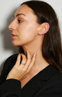 Stephanie moissanite baguette studs worn, styled with a channel set ring, Prism & Pearl